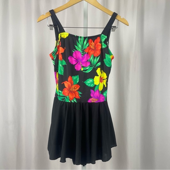 Vintage Beach Cabana Size 16 Hawaiian Floral Dress Skirt Swimsuit Modest Modest - Picture 1 of 8